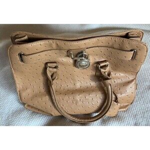 Michael Kors Hamilton Large Ostrich Embossed Leather Satchel Tote Tan Beige